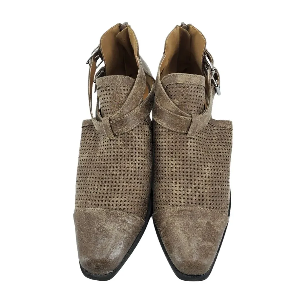 Qupid Distressed Perforated Tan Brown Heeled Open Boot Booties Vegan Women's 7